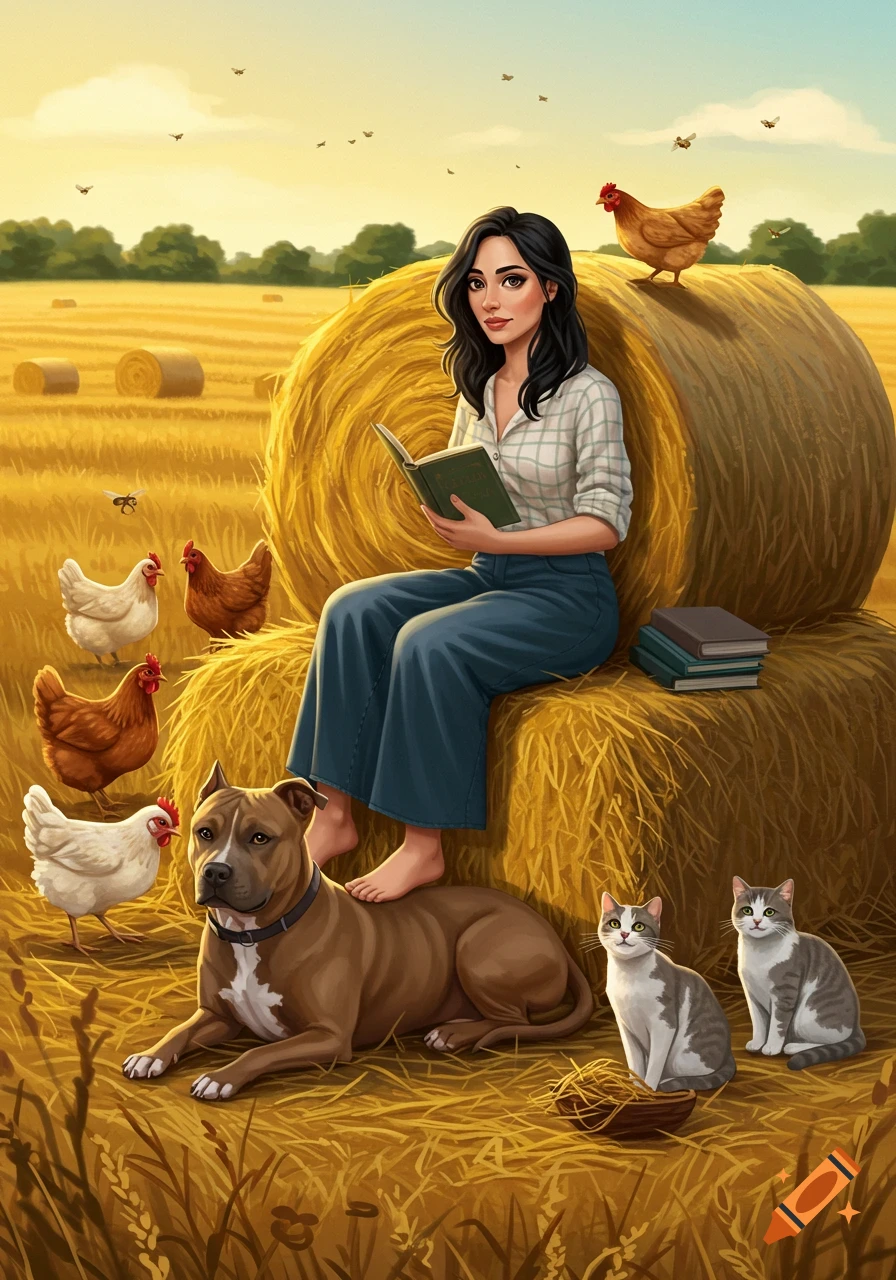 An animated woman with dark hair reads a book on hay bales in a sunny field, surrounded by chickens, a pitbull, and two cats.