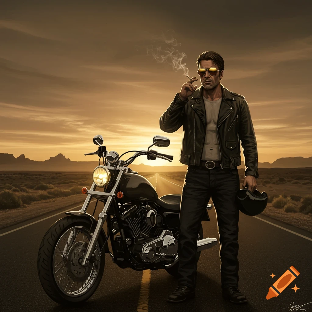 A man in a leather jacket stands next to a motorcycle on a desert road at sunset, smoking a cigarette and holding a helmet.