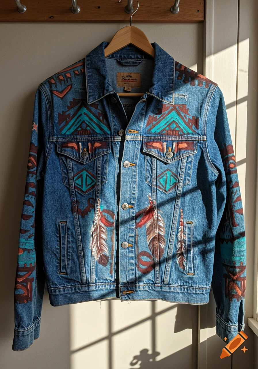 Denim jacket with colorful Native American-inspired geometric and feather paintings, hanging on a wooden rack.