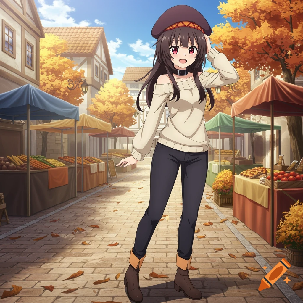 Anime girl Megumin in a casual outfit smiles while standing at an autumn outdoor market, adjusting her beret.