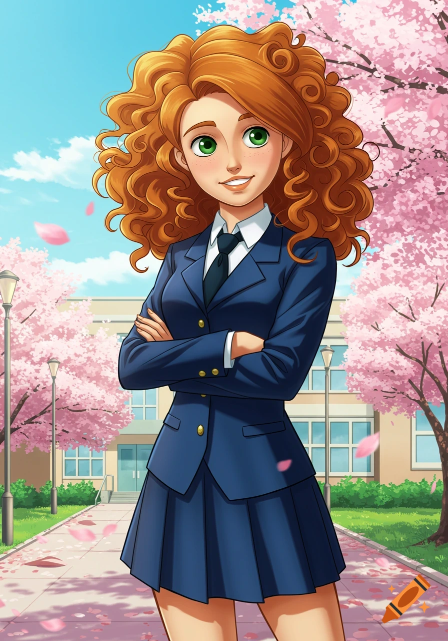 Anime schoolgirl with curly red hair and green eyes, wearing a navy uniform, standing in front of a school with cherry blossoms.