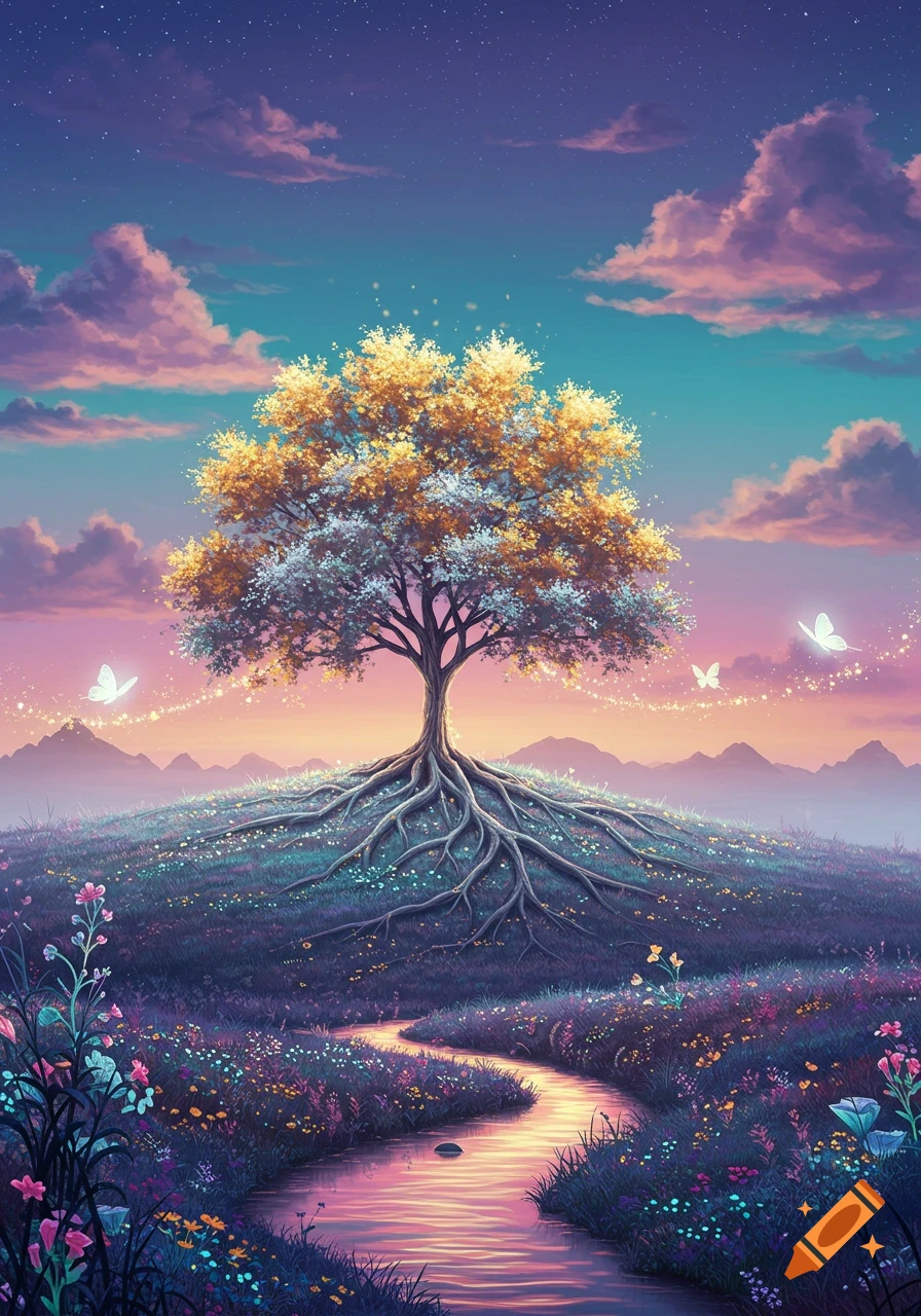 Vibrant fantasy landscape with a large tree, exposed roots, flowery hill, winding stream, butterflies, and a starry, multi-colored sky.