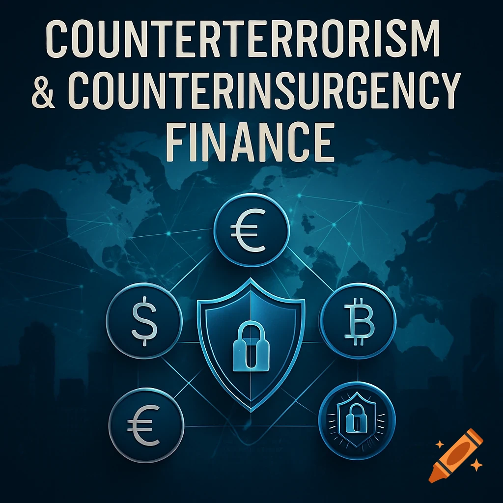 A blue graphic with the text 'COUNTERTERRORISM & COUNTERINSURGENCY FINANCE' above currency symbols and shield/lock icons, on a world map background.