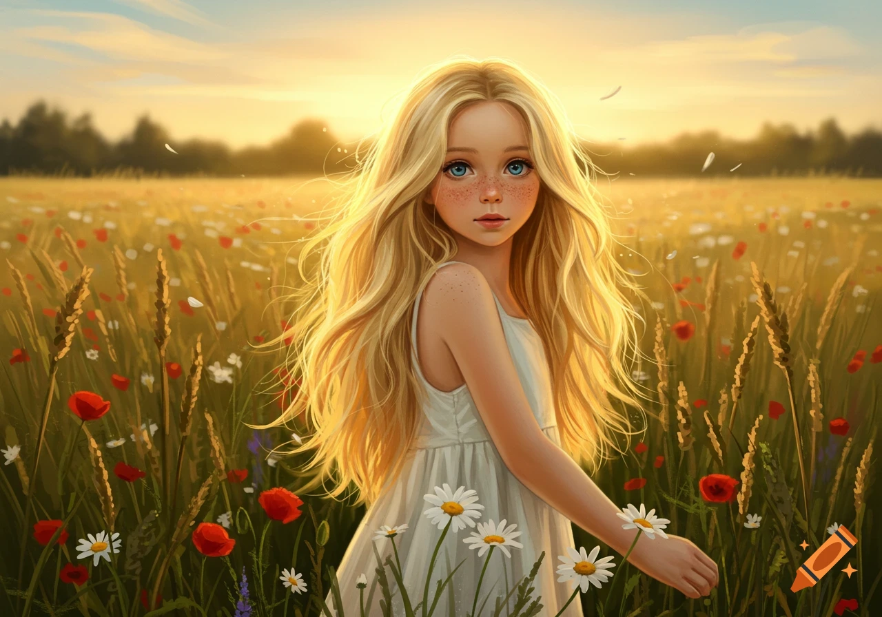 A blonde girl in a white dress stands in a field of poppies and daisies at sunset, digital art.