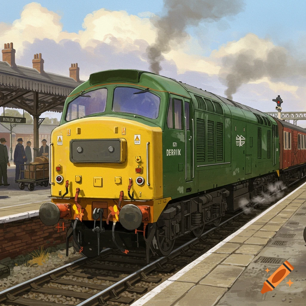 A green and yellow diesel train named 'DERRIK' at a busy railway station platform with passengers and luggage, under a blue sky.