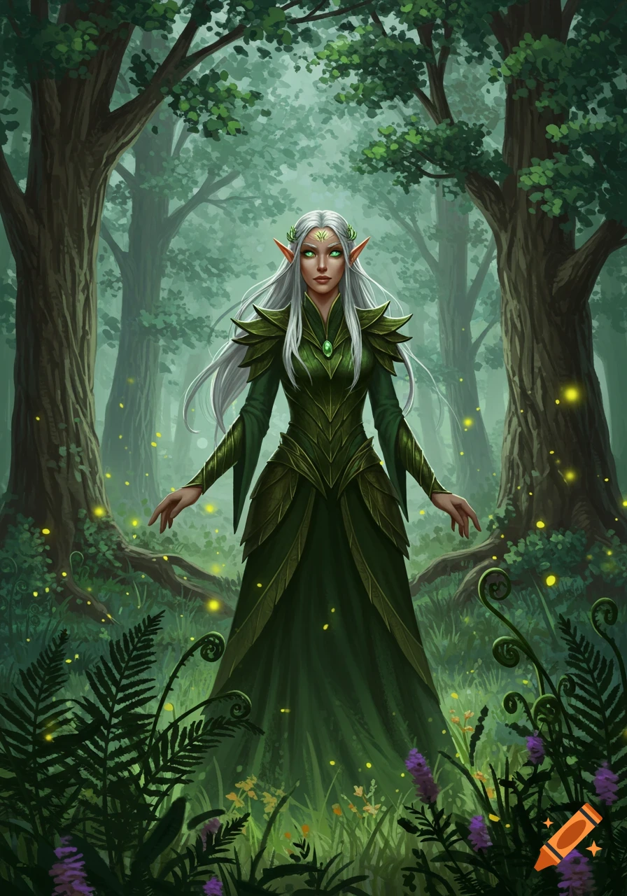 A white-haired female elf with green eyes and a dark green leafy dress stands in a magical forest with glowing yellow lights.