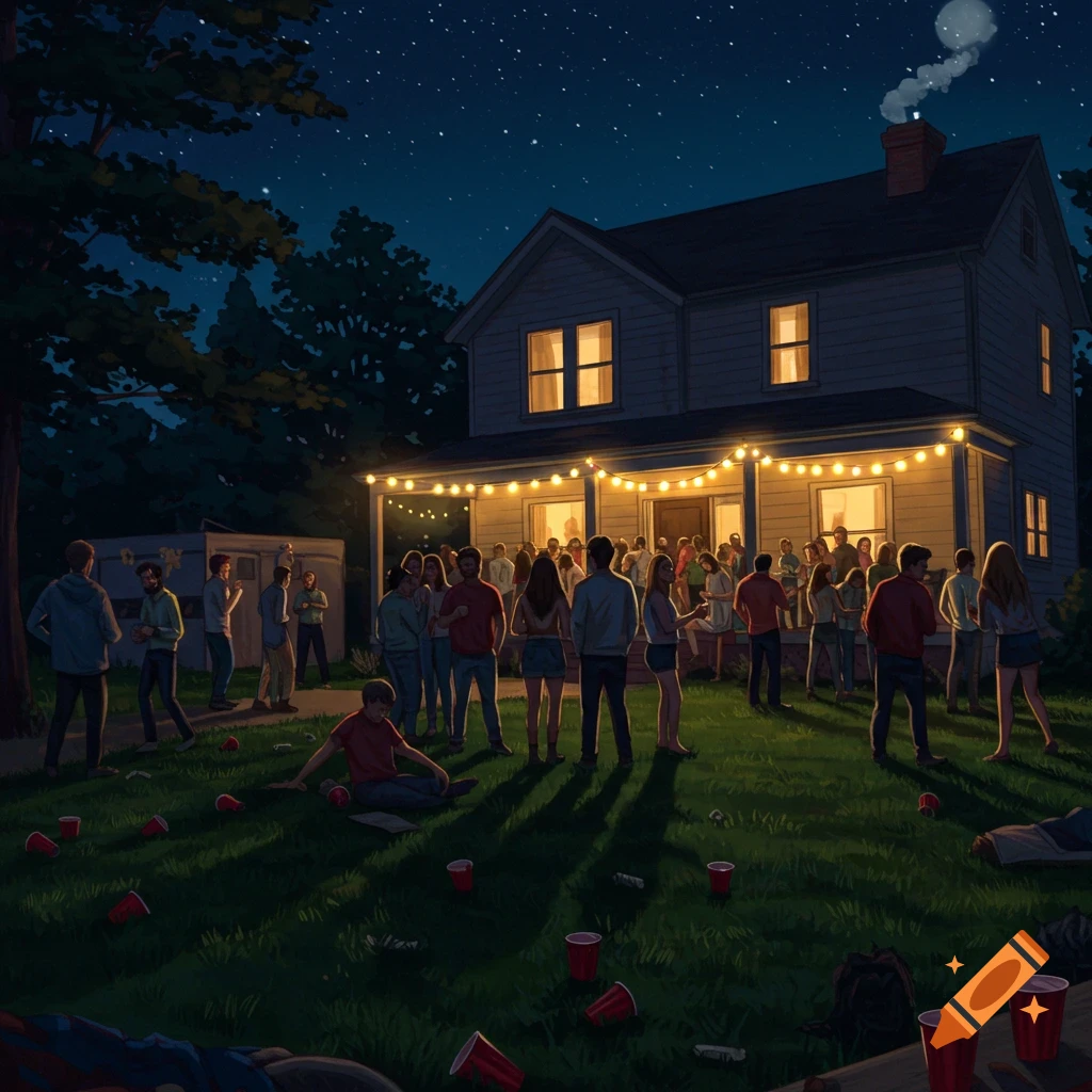 An illustration of a lively night house party with people gathered on the front lawn, string lights on the porch, and red cups scattered on the grass.