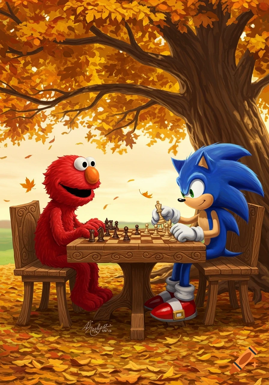 Elmo and Sonic the Hedgehog play chess under a large autumn tree, surrounded by orange leaves in a vibrant illustration.