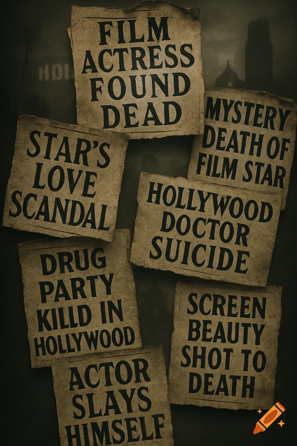 Collage of vintage newspaper headlines detailing Hollywood tragedies like "FILM ACTRESS FOUND DEAD" and "HOLLYWOOD DOCTOR SUICIDE", in a dark, dramatic style.