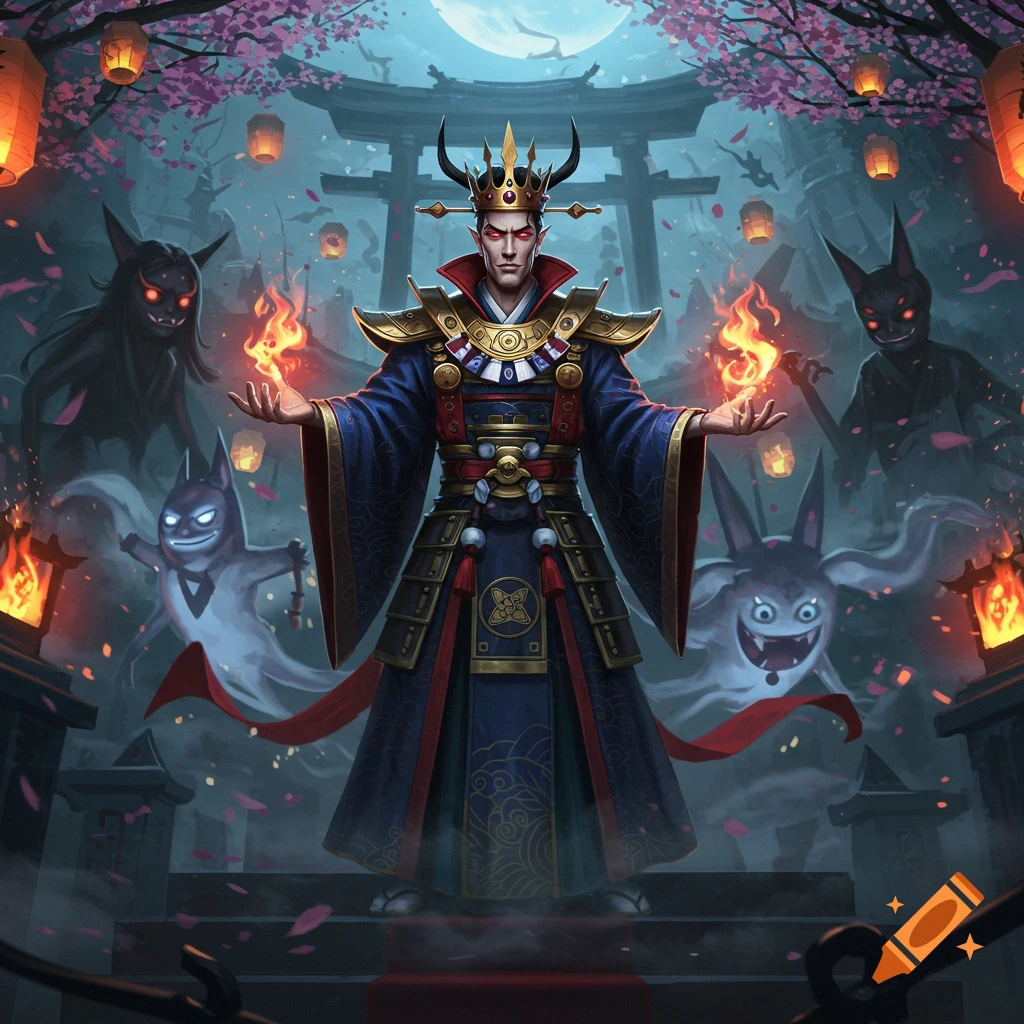 A horned, red-eyed king in ornate Japanese attire conjures fire, surrounded by grinning Youkai under a full moon and cherry blossoms.
