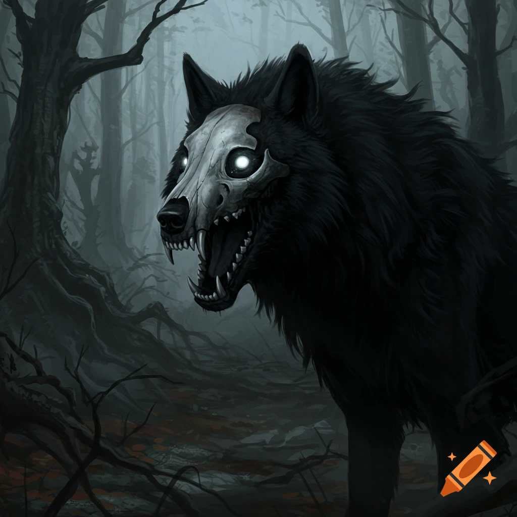 A menacing black wolf with a skull for a head, glowing white eyes, and fangs stands in an ominous dark forest with mist.