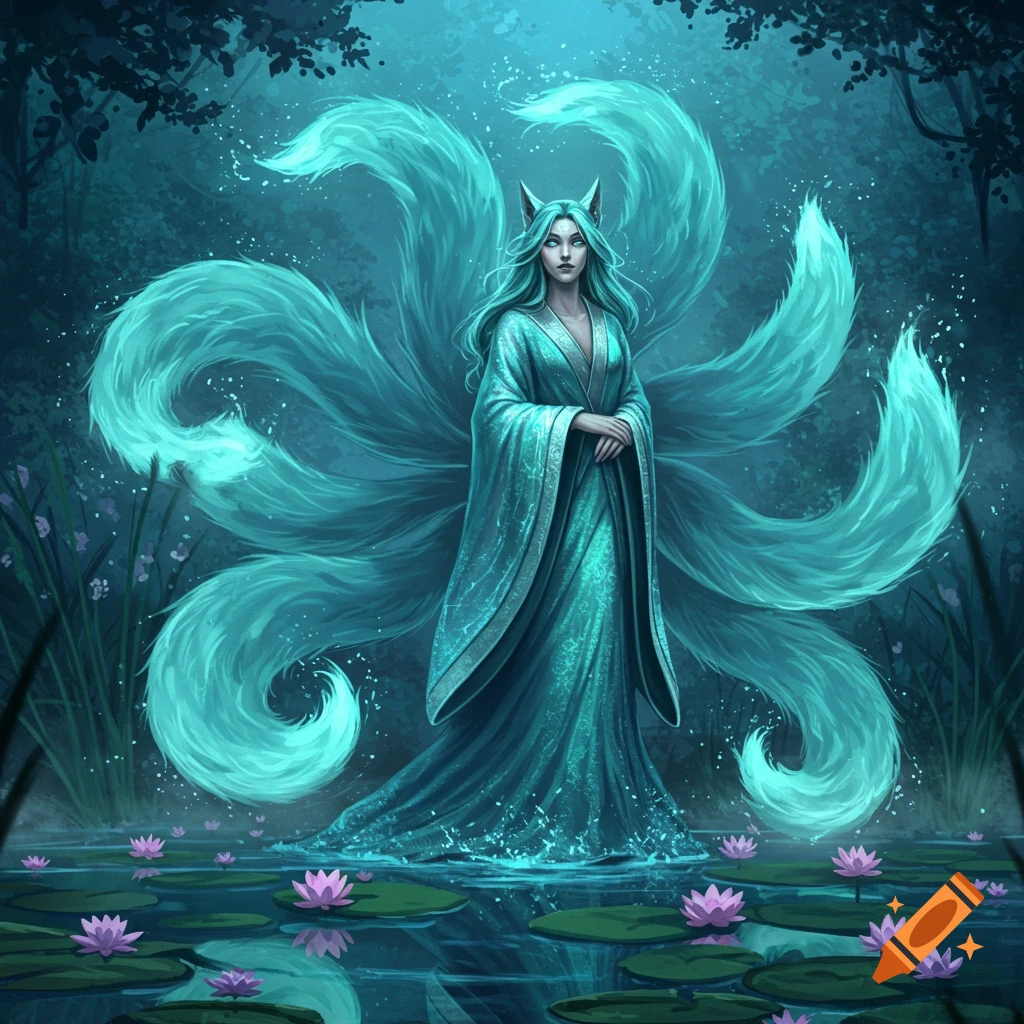 A serene, blue-haired nine-tailed water kitsune woman in a teal robe stands in a dark pond with purple water lilies, surrounded by a mystical forest.