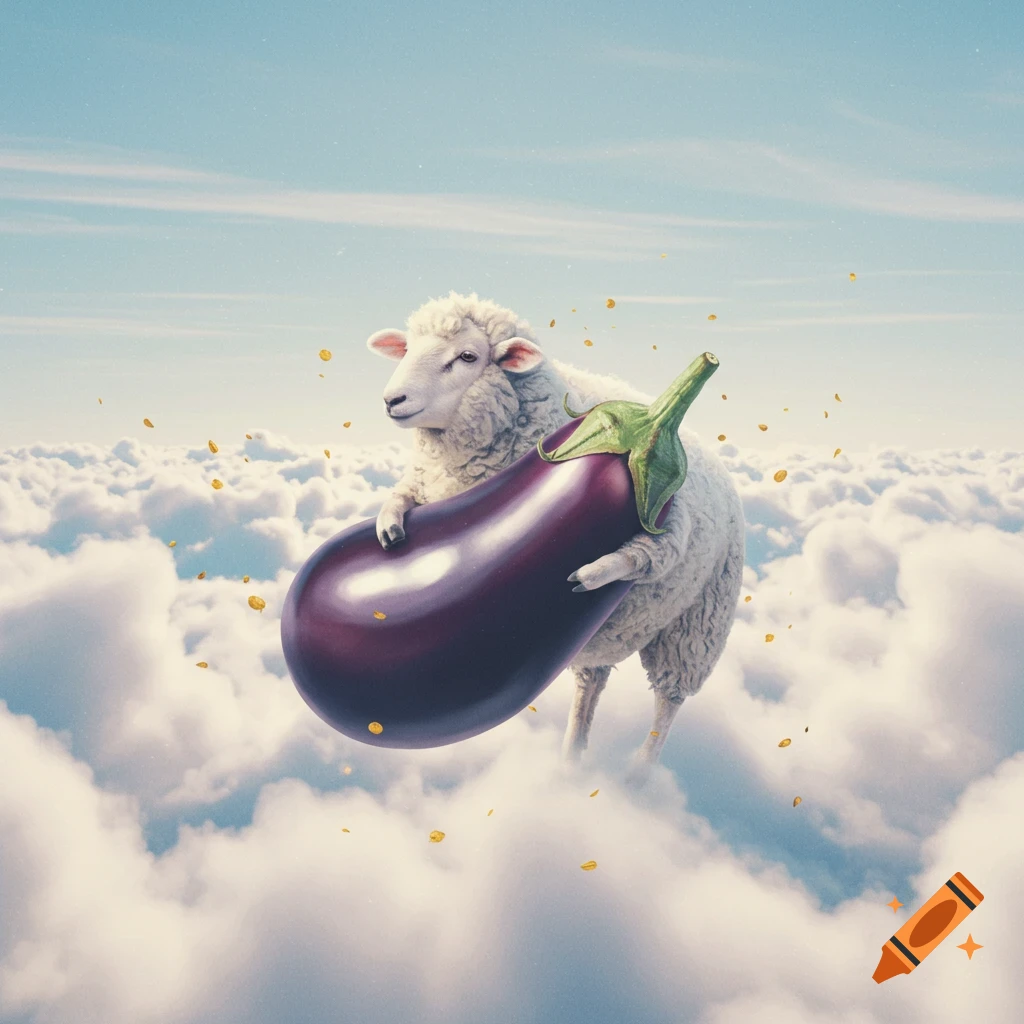 A fluffy white sheep floats among white clouds in a blue sky, happily hugging a giant purple eggplant with green stem, as golden flecks fall.