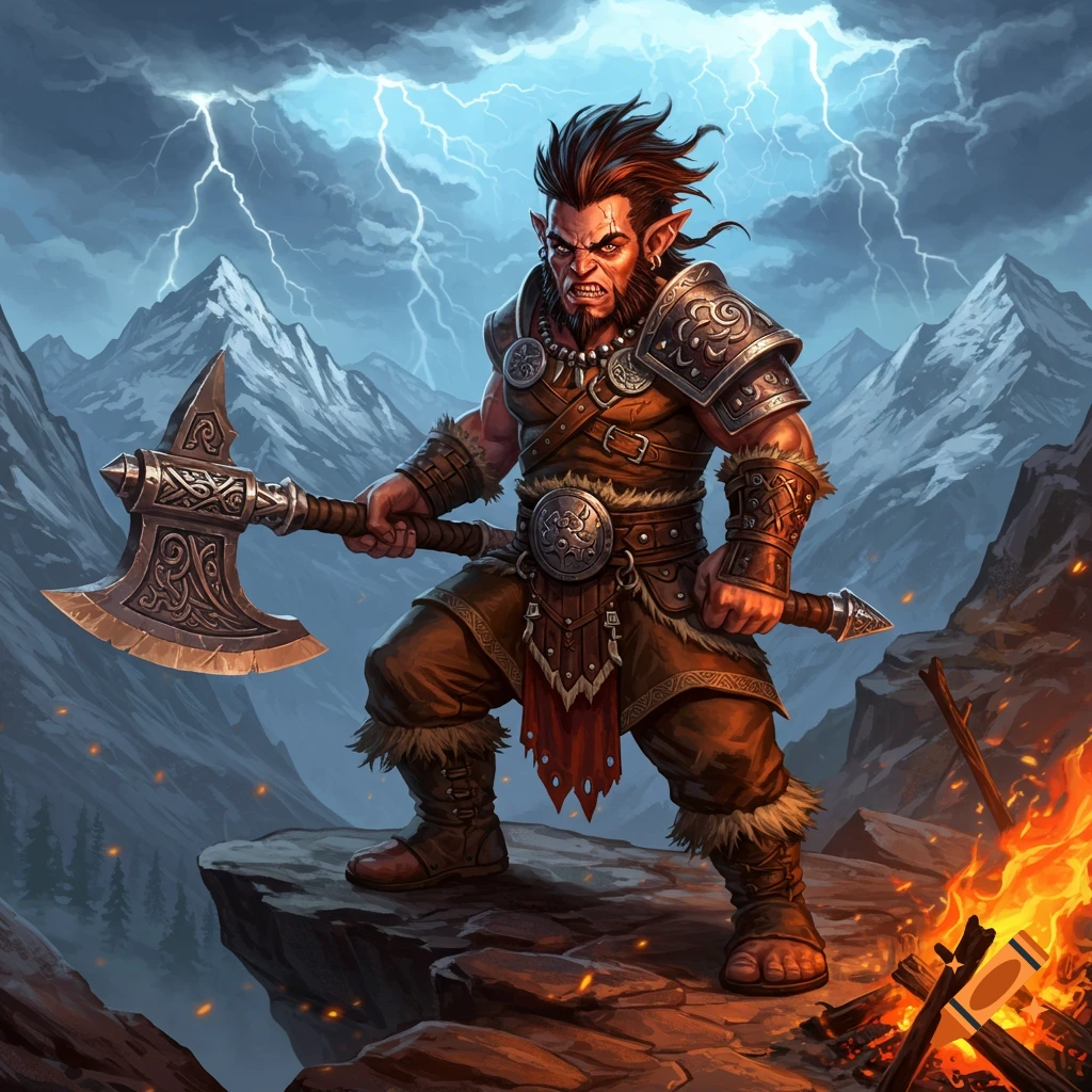 A fierce fantasy barbarian warrior with an axe stands on a rocky mountain cliff under a stormy, lightning-filled sky, with a campfire nearby. Digital art.