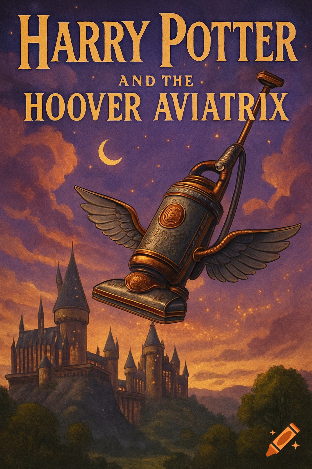 Book cover for 'Harry Potter and the Hoover Aviatrix' featuring a winged vacuum cleaner flying over Hogwarts castle at sunset.