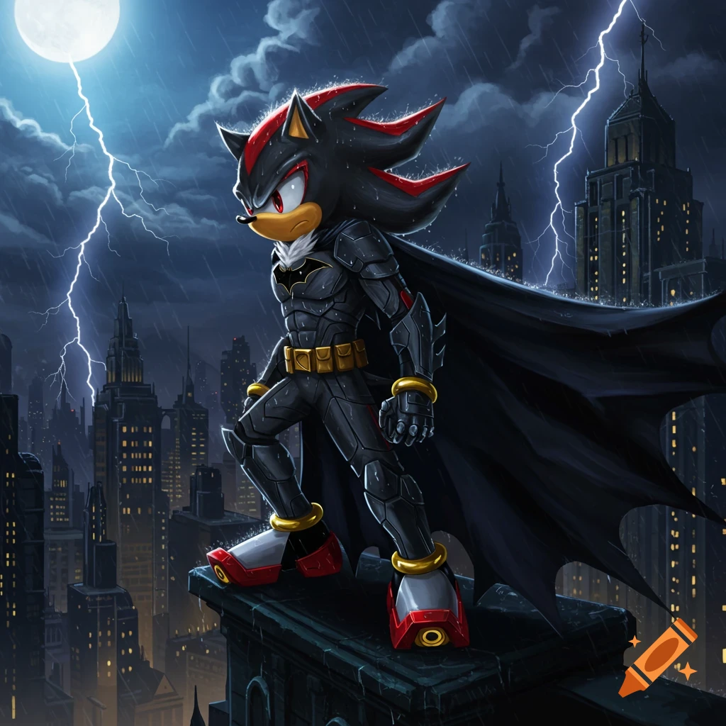 Shadow the Hedgehog dressed as Batman stands on a gothic city rooftop under a full moon with lightning and rain. Digital art.