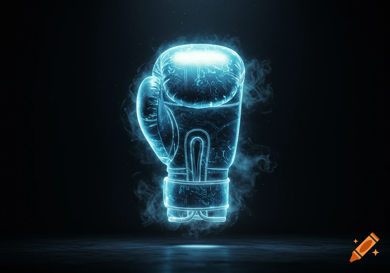 A glowing blue boxing glove made of light energy, against a dark background with light wisps.