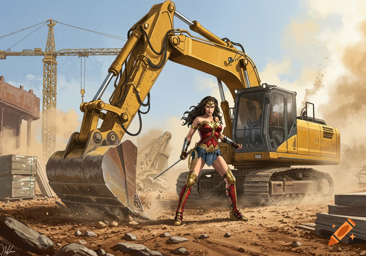 Wonder Woman stands with a sword and lasso on a dusty construction site, a large yellow excavator and crane behind her in comic book style.