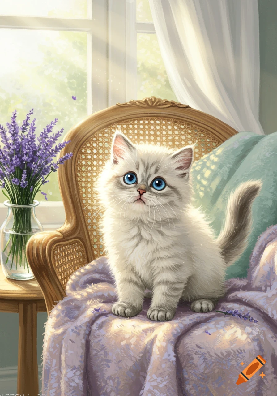 A fluffy white kitten with bright blue eyes sits on a lavender blanket by a sunlit window, next to a vase of lavender flowers. Digital illustration.
