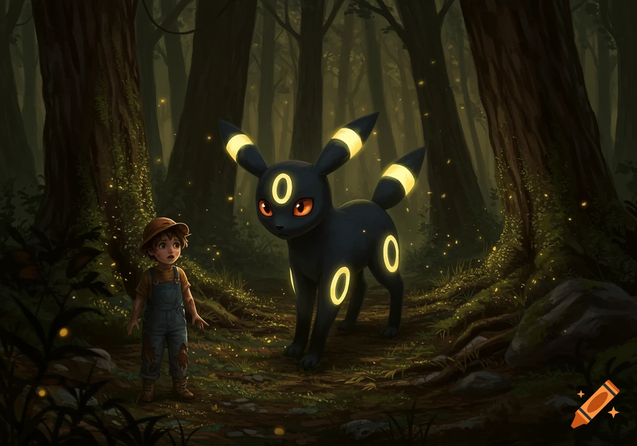 A child looks surprised at an Umbreon with glowing rings and eyes in a dark, magical forest with fireflies.
