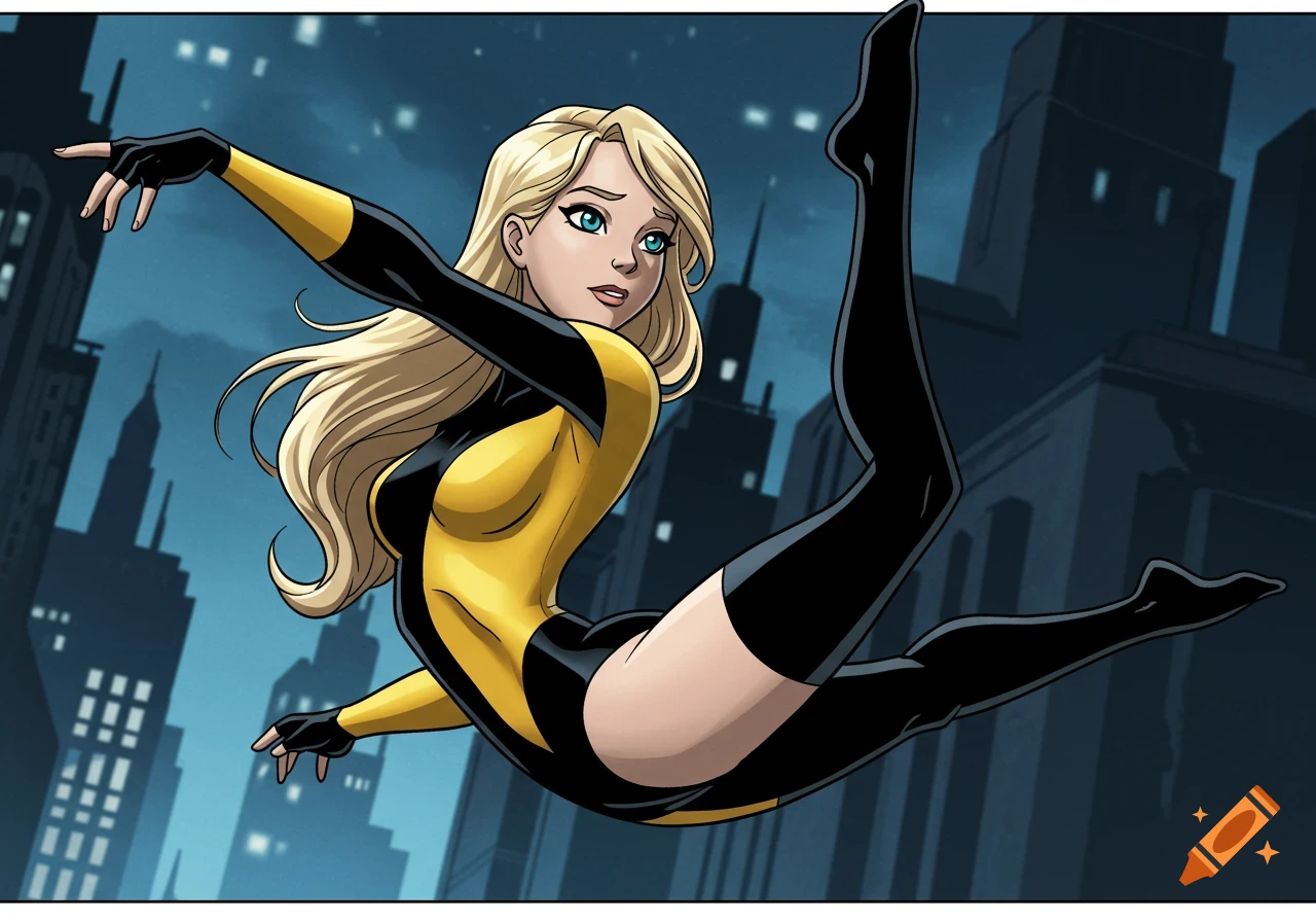 Blonde female superhero in a yellow and black suit flying dynamically against a dark city skyline in a comic book style.