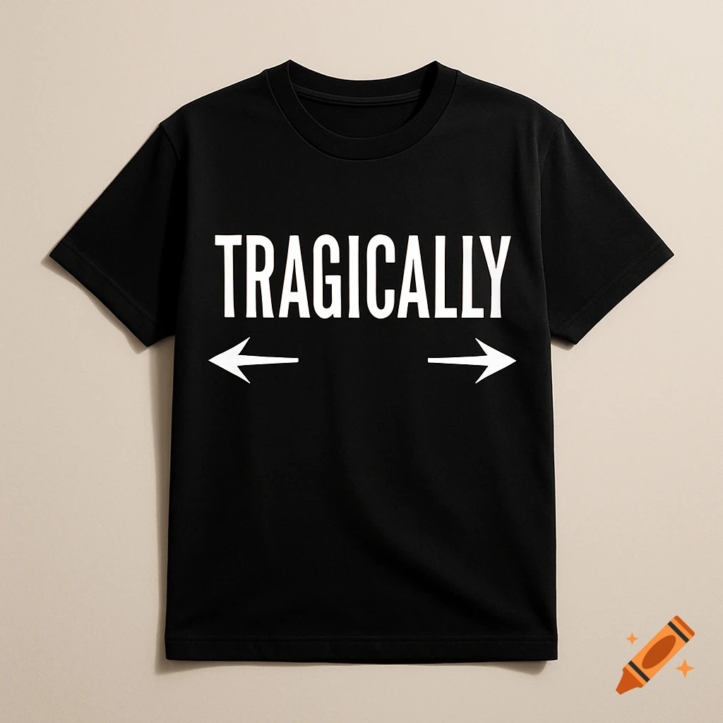 Black t-shirt with 'TRAGICALLY' in white capital letters and two white arrows pointing left and right below it.