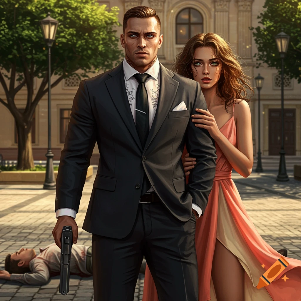 A man in a suit holding a handgun, with a woman in a peach dress behind him, standing over an unconscious man on a city street.