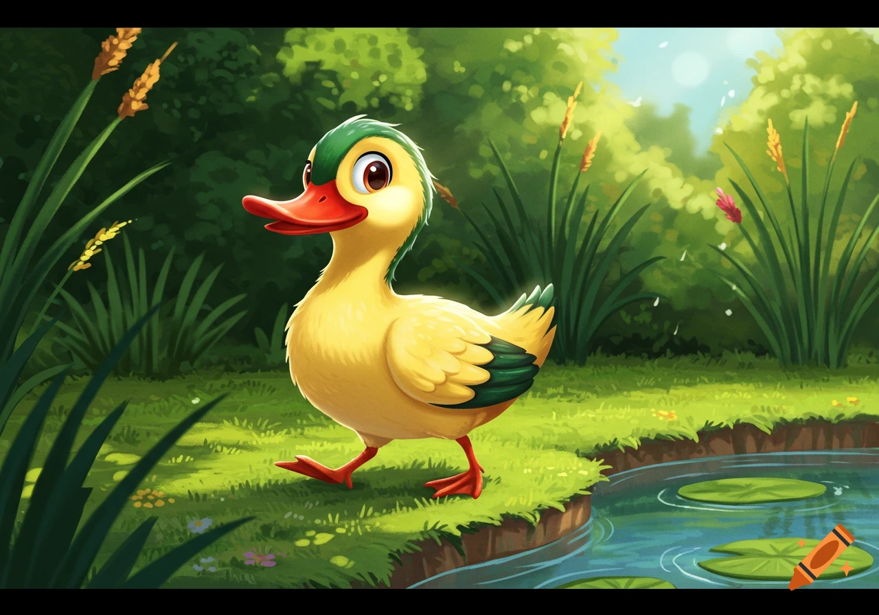 A cartoon duck with a red beak and green head feathers walks by a pond in a lush, sunny forest.