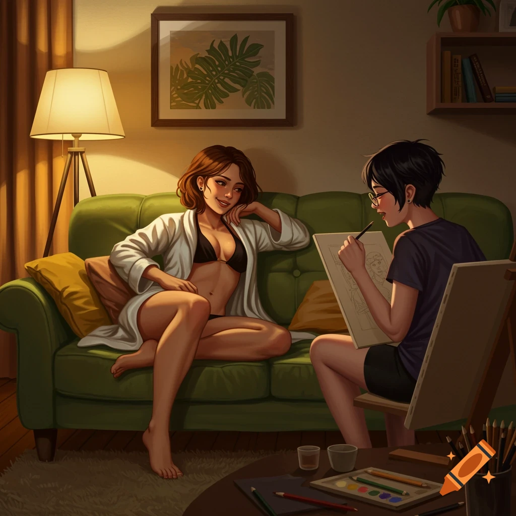 Digital illustration of a woman in a black bikini and white bathrobe posing on a green couch while another woman sketches her.