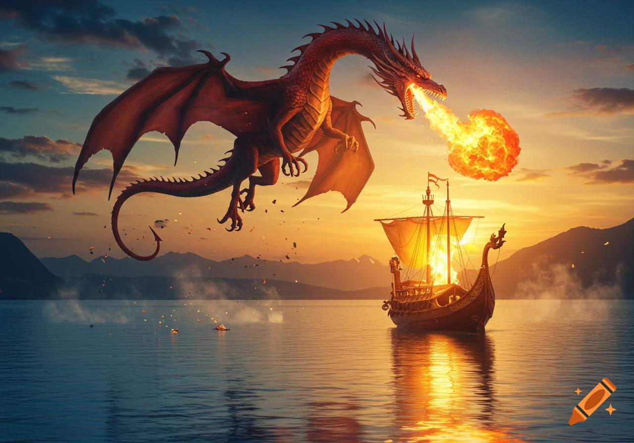 A red dragon breathes fire on a burning boat on a calm lake at sunset, with mountains in the background.