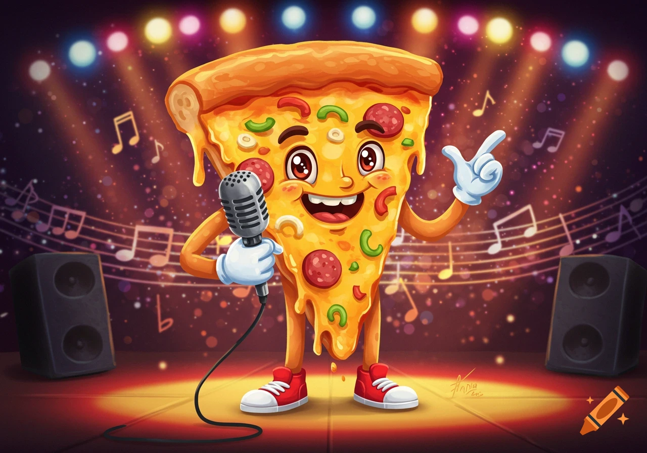 Happy cartoon pizza slice character singing into a microphone on a vibrant stage with musical notes and spotlights.