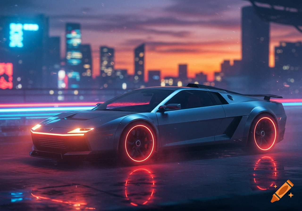 A sleek, silver futuristic supercar with glowing red wheels and headlights parked on a wet street. A neon-lit cyberpunk city skyline glows in the background under a sunset sky.