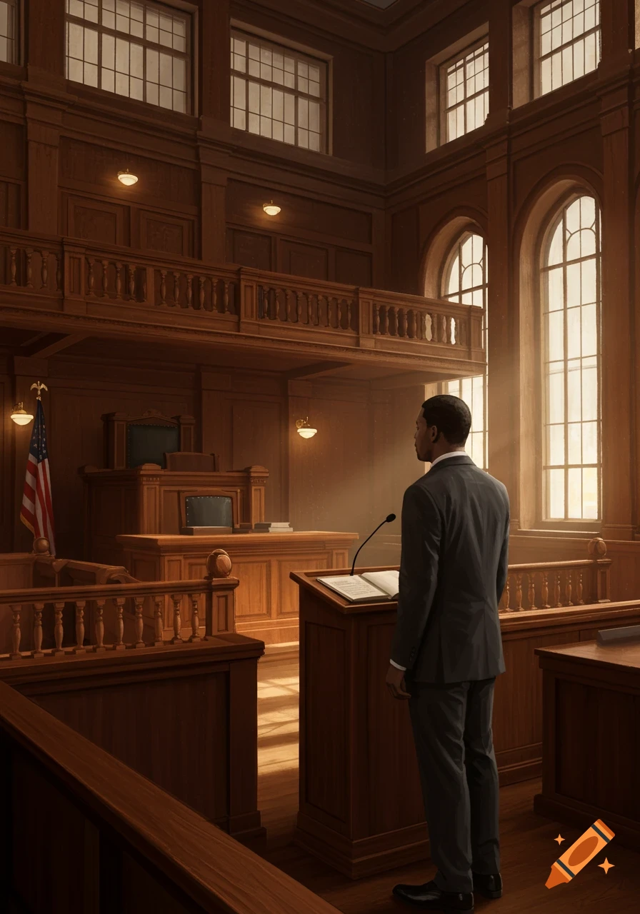 A man in a suit stands at a podium in a grand wooden courtroom, looking towards the judge's bench. Sunlight streams through tall windows.
