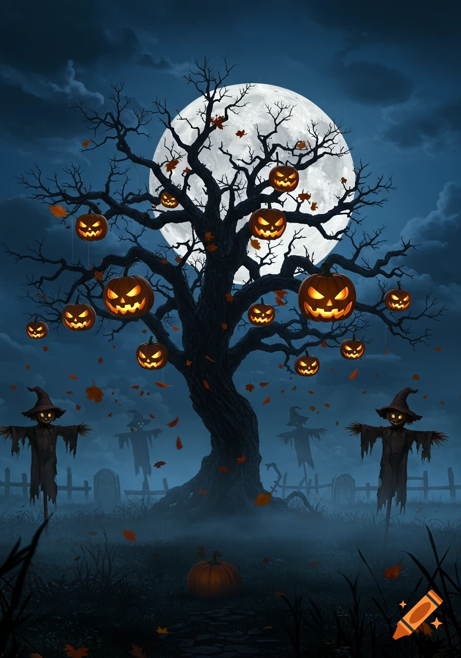 A spooky Halloween night scene with a large gnarled tree covered in glowing jack-o'-lanterns, against a full moon and dark clouds. Scarecrows stand in a misty graveyard.