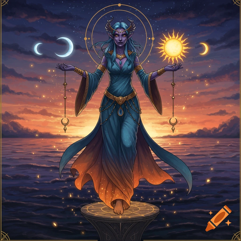 A purple-skinned fantasy goddess with horns and blue hair stands on a pedestal over water, balancing a sun and moons against a vibrant sunset sky.