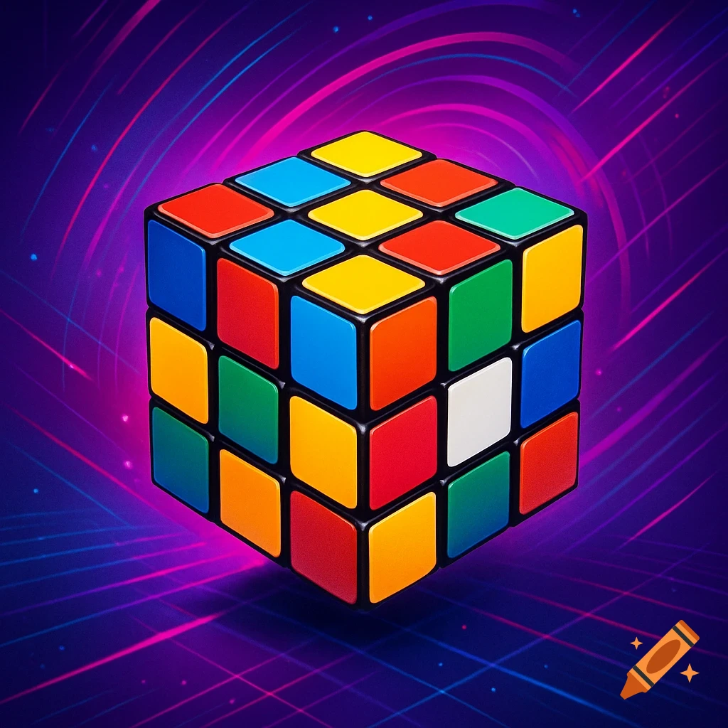 A colorful 3D Rubik's Cube floats against a vibrant purple background with neon grid lines and light trails.