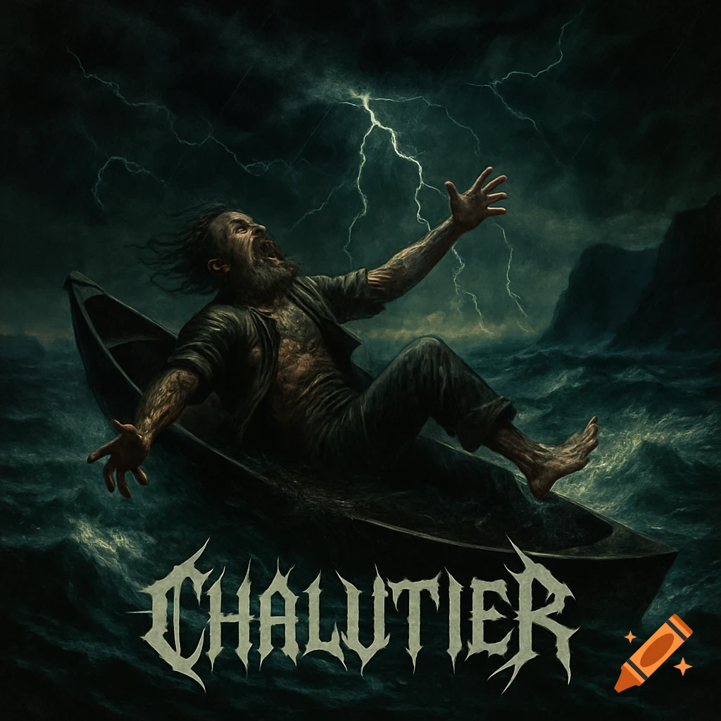 Dark art of a distressed bearded man in a small boat on stormy seas with lightning, with 'CHALUTIER' text.