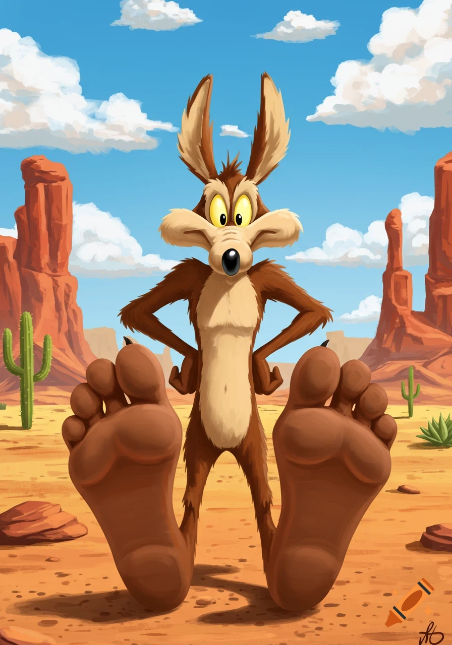 Wile E. Coyote stands in a desert landscape, prominently displaying his large feet, in a cartoon illustration.