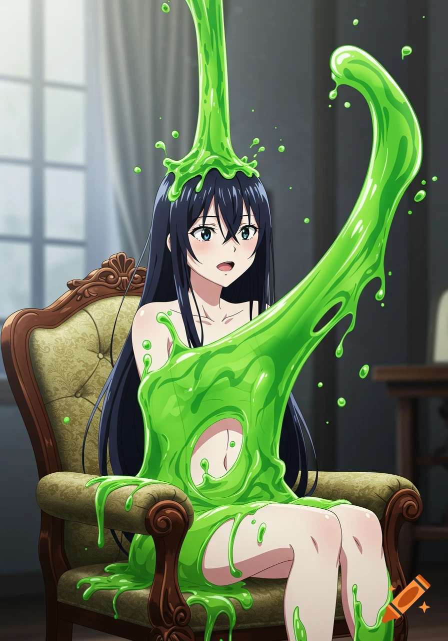 An anime girl with long dark hair sits in an ornate chair, covered in vibrant green slime dripping over her body.
