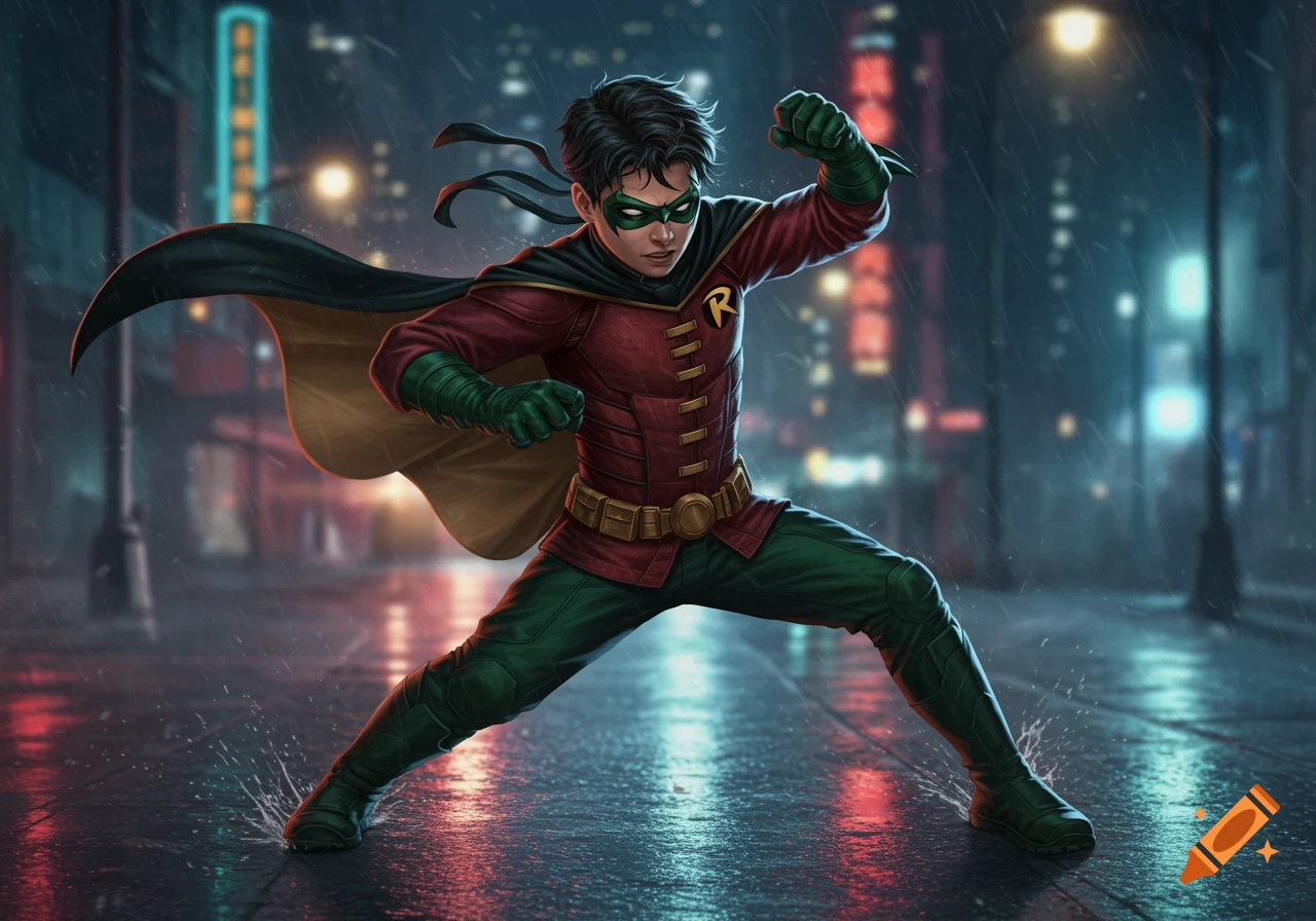 Young Robin in his red, green, and black superhero costume, striking a pose in a rainy city street with neon lights reflecting on the wet ground.