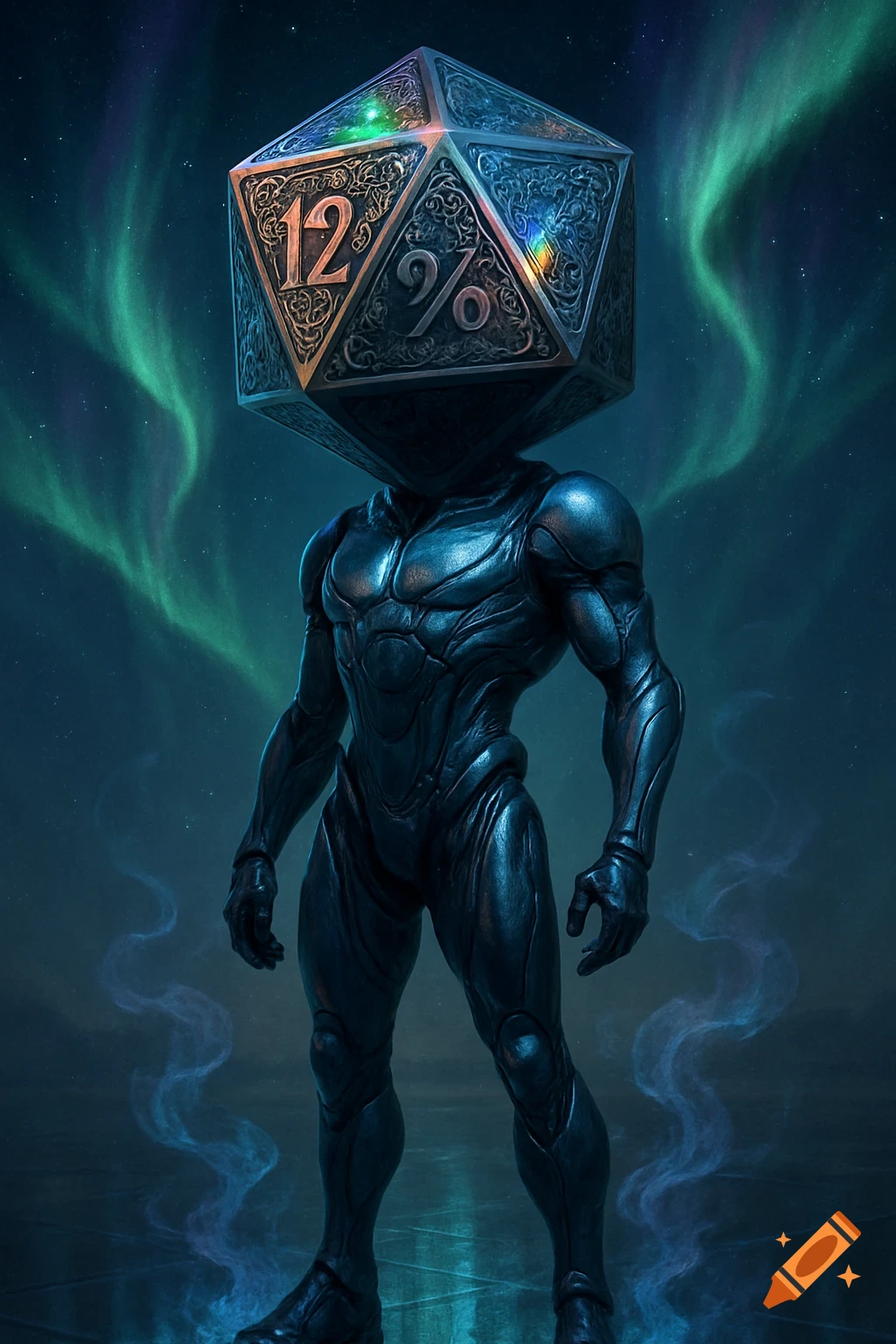 A humanoid figure with an ornate d20 dice for a head stands under a starry sky with aurora. Text '12' and '9%' on dice.