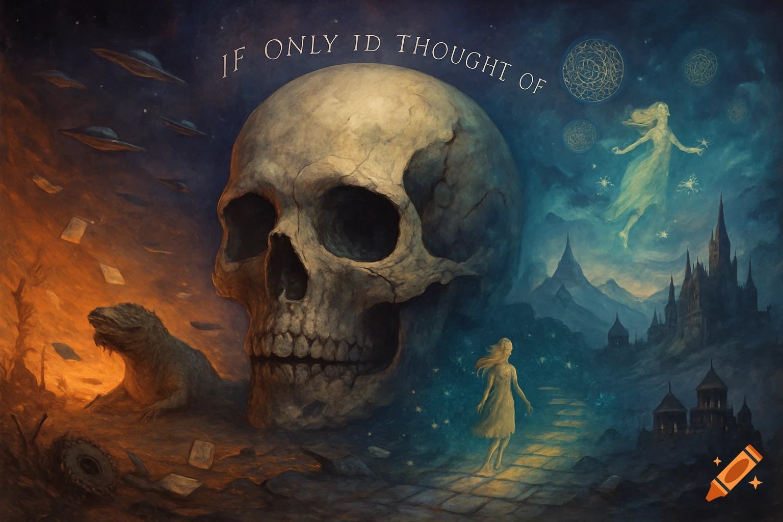 Painterly surreal art with a giant skull dividing a fiery, alien landscape from an ethereal blue realm with castles and glowing figures. Text: IF ONLY ID THOUGHT OF.