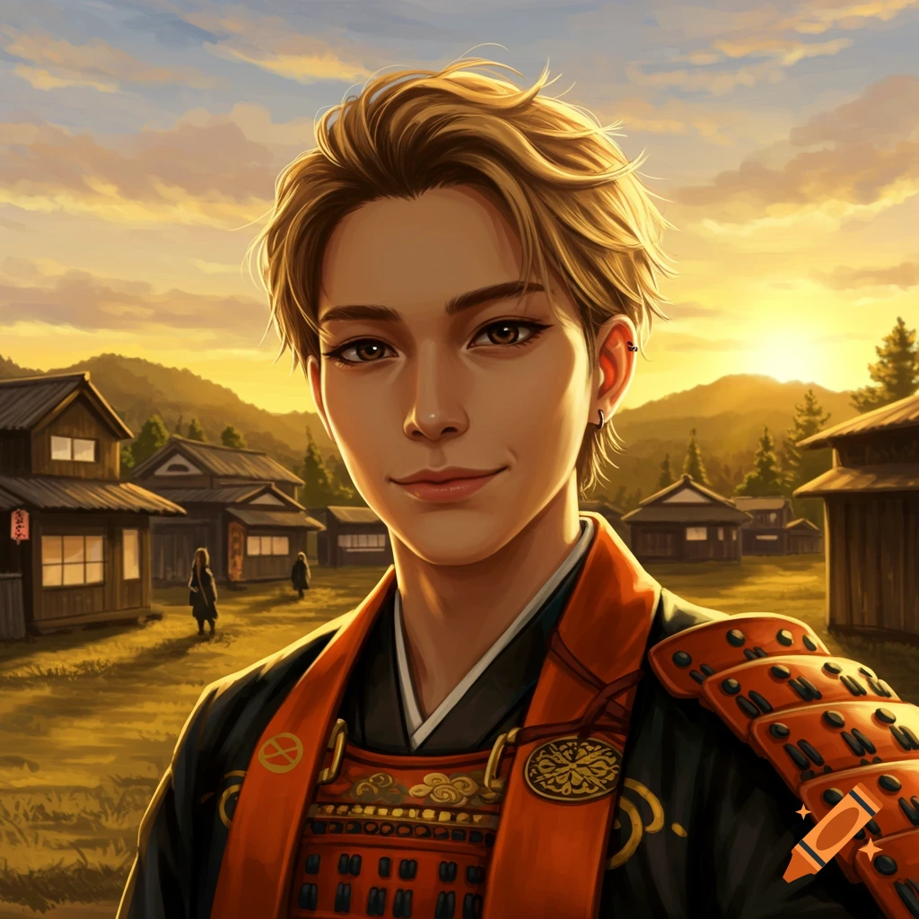 Anime-style portrait of a young man with blonde hair in a black and orange samurai uniform, smiling in a Japanese village at sunset.