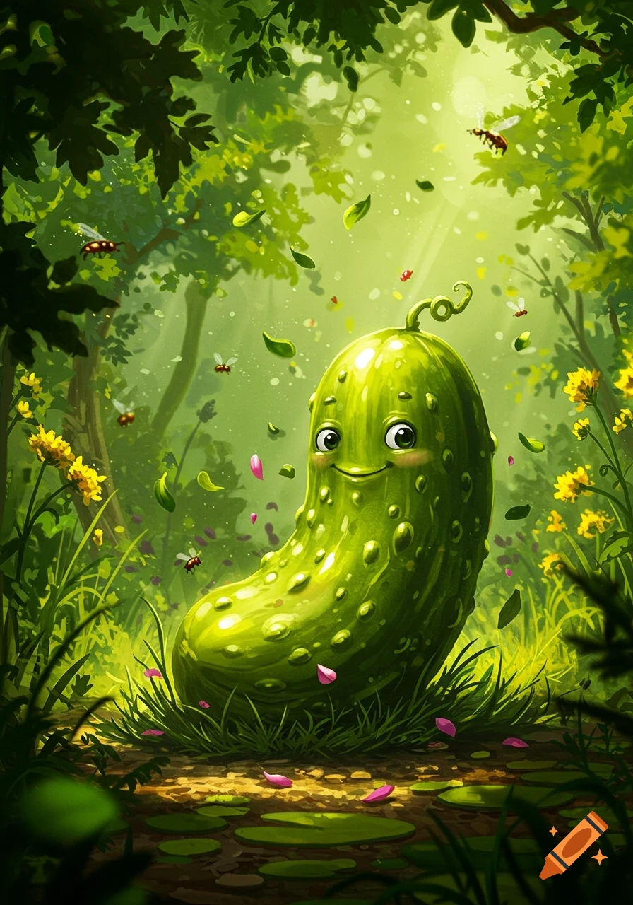 A cheerful cartoon pickle character smiles in a bright, lush forest with sunlight, falling leaves, and flying insects.