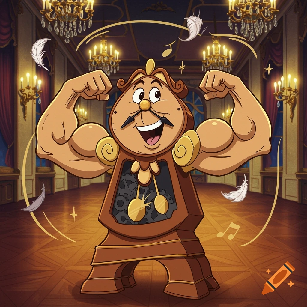 Cartoon Cogsworth from Beauty and the Beast flexing his biceps in a grand ballroom with chandeliers.