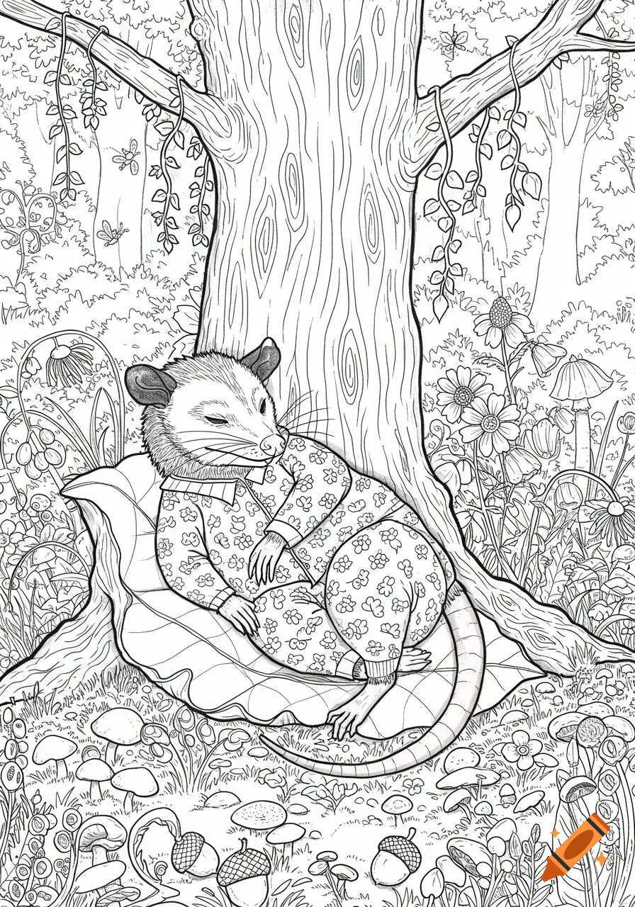 Detailed line art coloring page of a sleepy anthropomorphic possum in pajamas, resting under a tree in a forest with mushrooms.