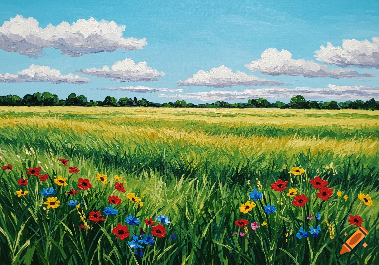 Vibrant oil painting of a field of green and yellow grass with red, yellow, and blue wildflowers under a bright blue sky with fluffy white clouds.