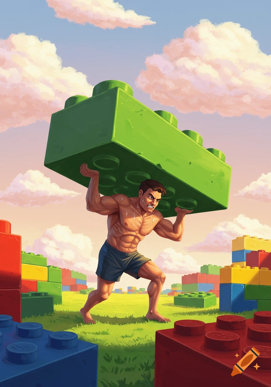 A muscular man struggles to carry a giant green Lego block in a field of colorful Lego structures, cartoon style.