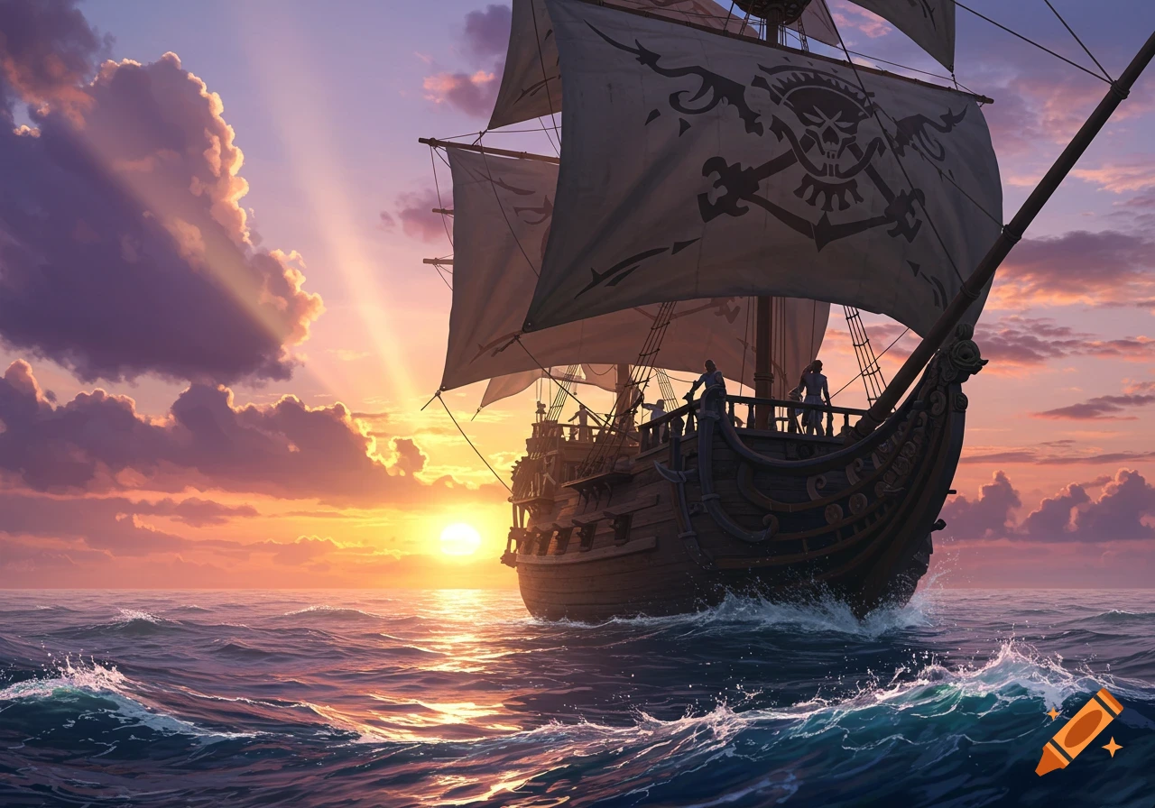 A fantasy pirate ship sails across the ocean at sunrise, viewed from low on the water.