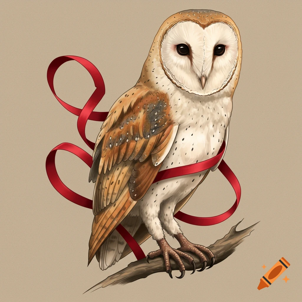 Detailed illustration of a barn owl with a red ribbon wrapped around its body, perched on a tree branch.